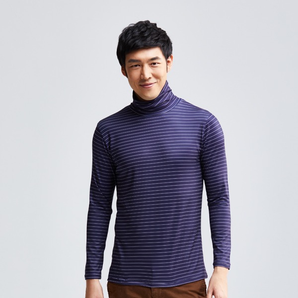 MIT 寬條紋溫灸刷毛高領發熱衣(藍白色 男M-XXL)