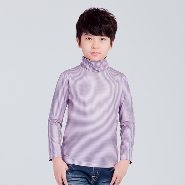 MIT 細條紋溫灸刷毛高領發熱衣(灰紫 童80-150)
