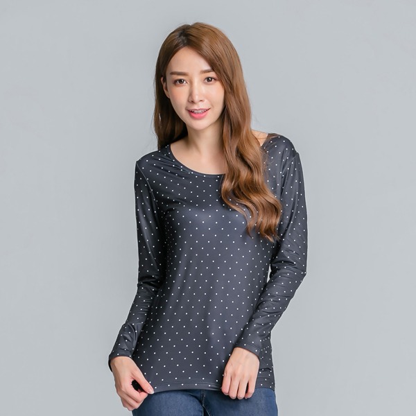 水玉點點溫灸刷毛圓領發熱衣(經典黑 女S-2XL)