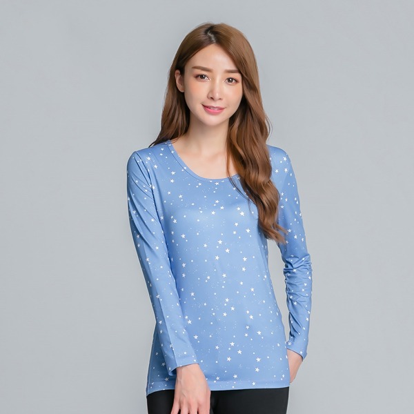 閃爍星空溫灸刷毛圓領發熱衣(湖水藍 女S-2XL)