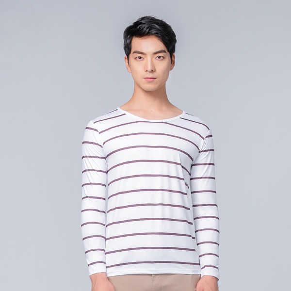經典條紋溫灸刷毛圓領發熱衣(純淨白 男S-3XL)