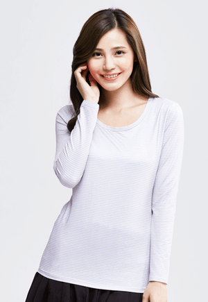 MIT 細條紋溫灸刷毛圓領發熱衣(粉藍色 女S-XL)
