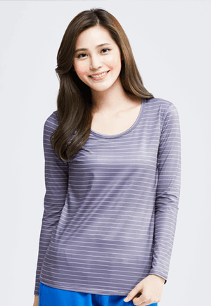 MIT 寬條紋溫灸刷毛圓領發熱衣(灰白色 女S-XL)