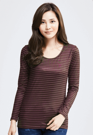 MIT 寬條紋溫灸刷毛圓領發熱衣(咖啡白色 女S-XL)