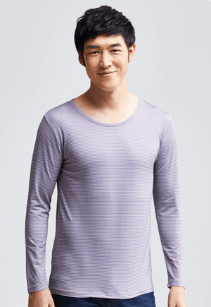 MIT 細條紋溫灸刷毛圓領發熱衣(灰紫色 男M-XXL)