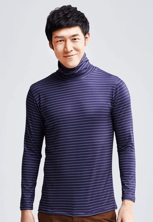 MIT 寬條紋溫灸刷毛高領發熱衣(藍白色 男M-XXL)