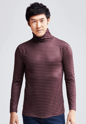MIT 寬條紋溫灸刷毛高領發熱衣(咖啡白色 男M-XXL)