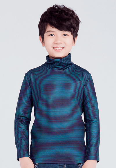 MIT 細條紋溫灸刷毛高領發熱衣(綠藍 童80-150)