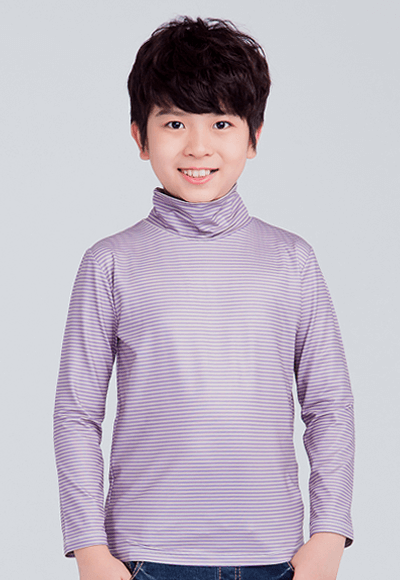 MIT 細條紋溫灸刷毛高領發熱衣(灰紫 童80-150)