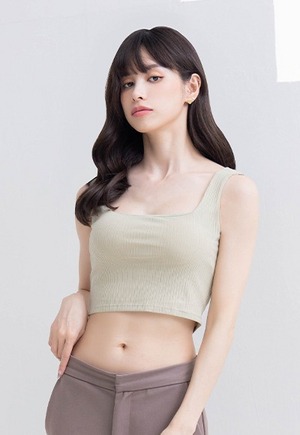 輕漾時光羅紋方領短版背心Bra T(淺果綠 女S-XL)