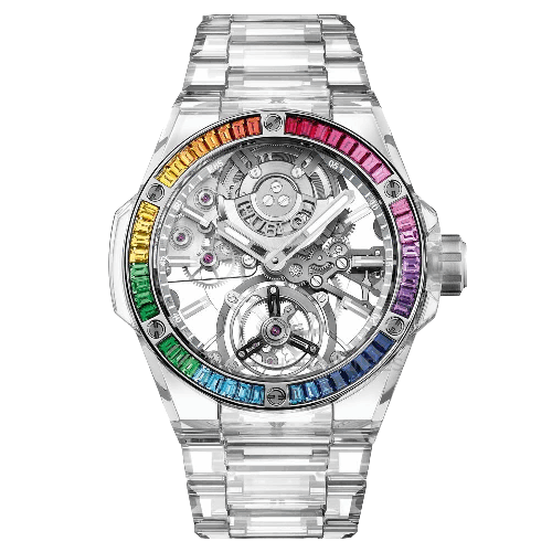 高價收購 宇舶錶 HUBLOT  陀飛輪藍寶石鍊帶彩虹腕錶 型號455.JX.0120.JX.4099