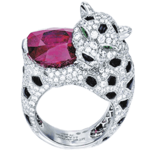 卡地亞 Cartier 紅寶石配鑽石及縞瑪瑙「豹」鉑金戒指 附AGL證書