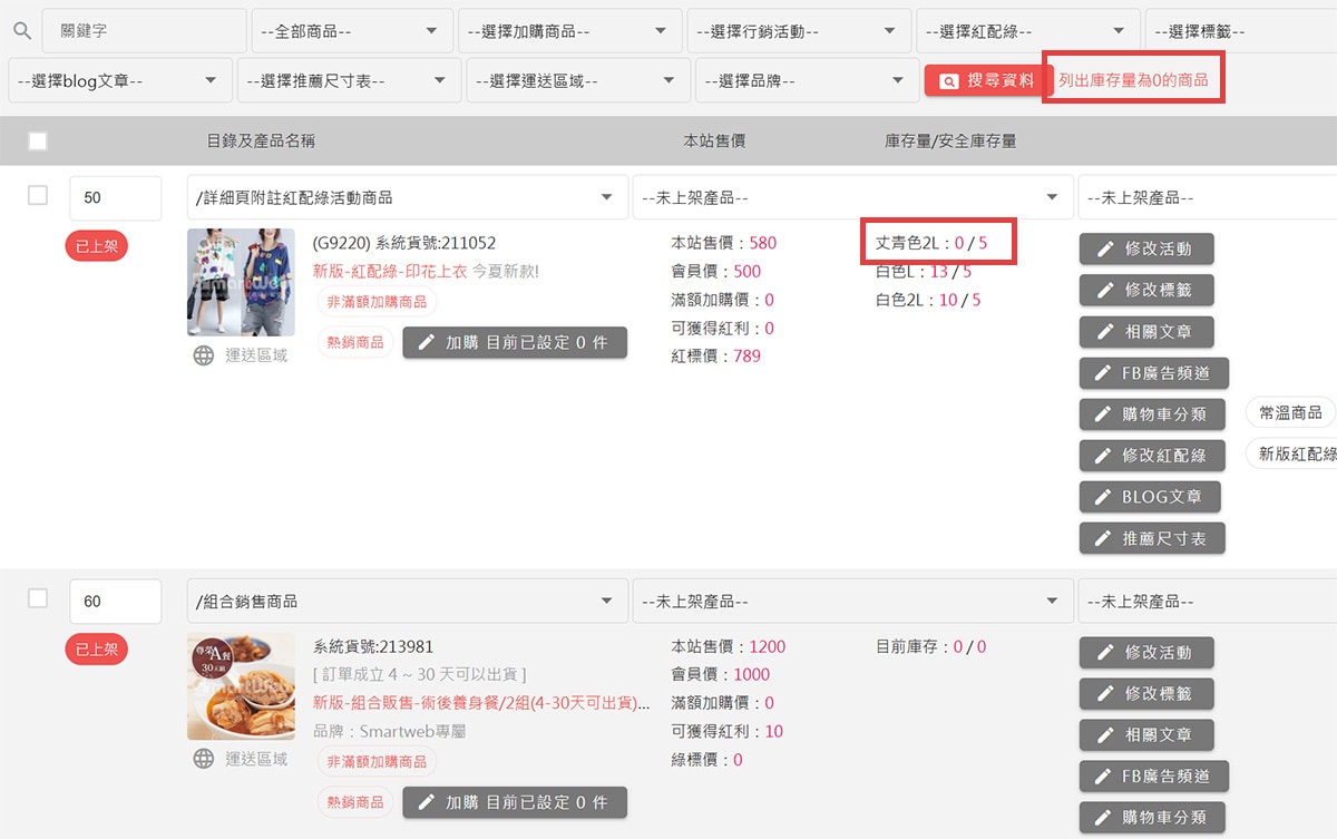 列出庫存為0的產品 列出庫存為0的產品