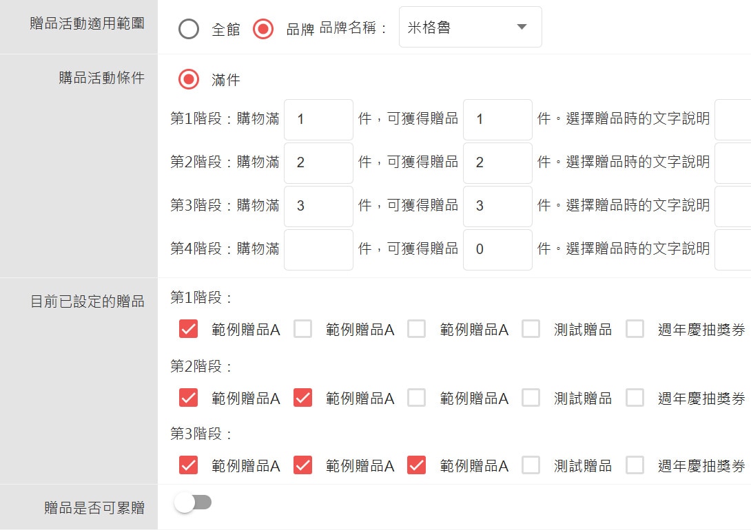 更新前-累贈時各階段不能有相同贈品