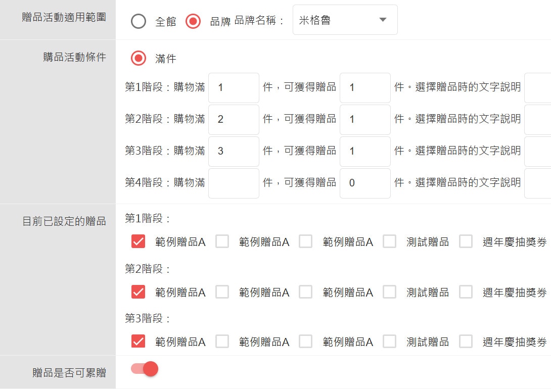 更新後-累贈時各階段可以有相同贈品 更新後-累贈時各階段可以有相同贈品