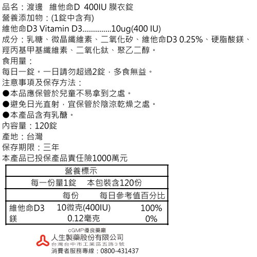 渡邊維他命D 營養標示 渡邊維他命D 營養標示