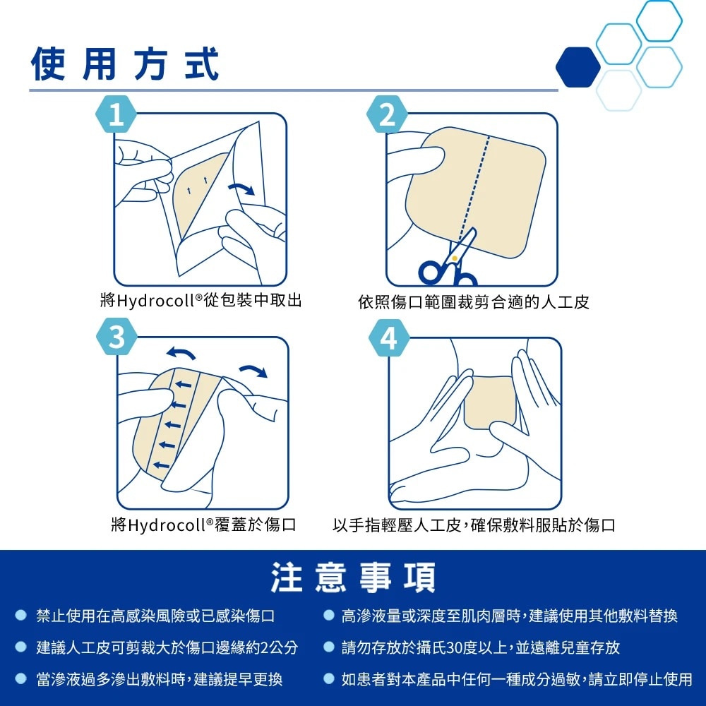 赫曼 涵特人工皮親水性敷料(滅菌) 10x10cm 薄 單片裝 注意事項