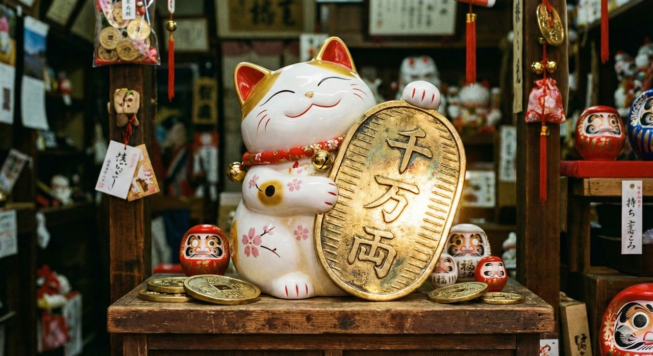 大多數招財貓手裡抱著的金幣寫有「千万両」，不是追求一夕致富，而是用輕鬆的語氣表達對生意持續運轉、生活安穩的期待。