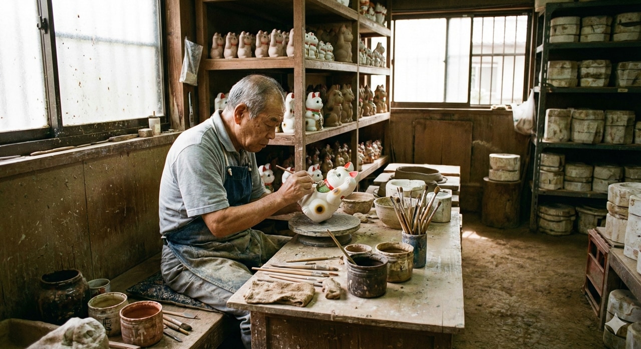 高品質的招財貓（如常滑燒或瀨戶燒的高階作品）其眼睛是由資深職人一筆一畫親手繪製而成。