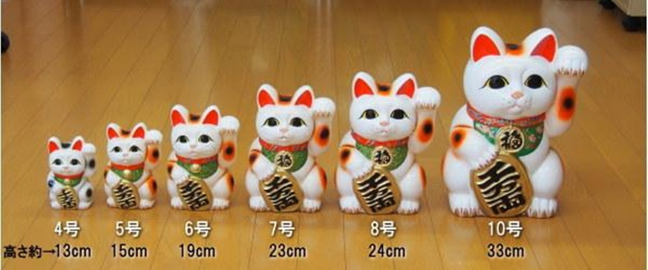 日本傳統工藝（如常滑燒、瀨戶燒）在標示招財貓尺寸時，並不直接使用公分，而是使用「號」(号/ごう)。