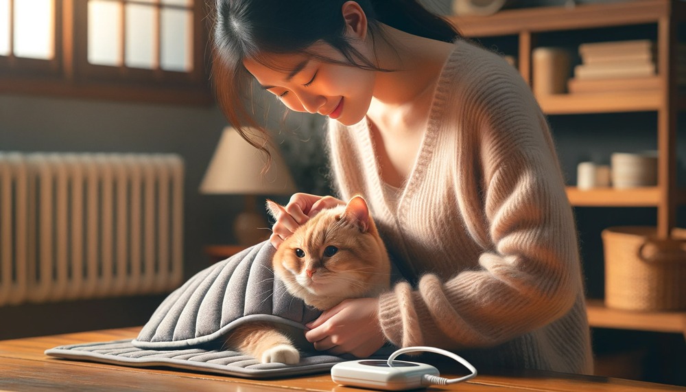 DALL·E-2024-01-22-15.57.28---A-heartwarming-photo-depicting-an-Asian-person-gently-helping-a-cat-by-draping-an-electric-heating-