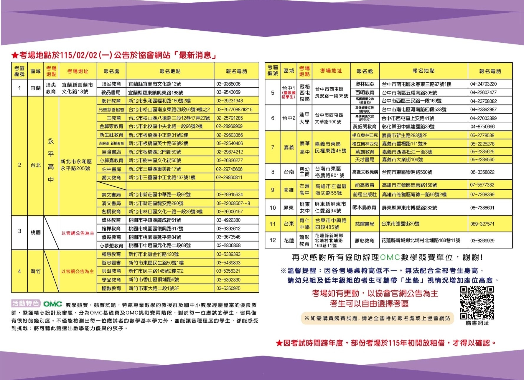【最新訊息】2026OMC全國數學競賽考區2考場更正公告!